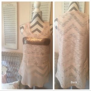 Pink Lace Tank With Gold Sequins